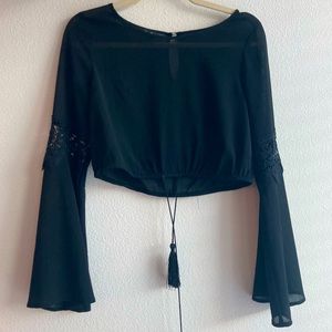bebe sheer black sleeved crop top with tassels